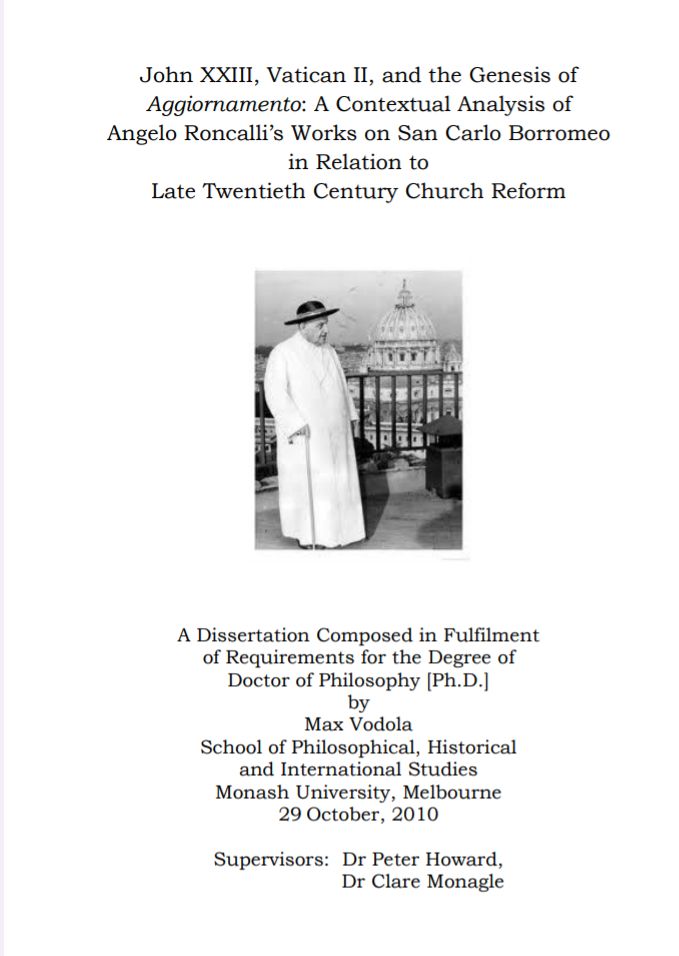 John XXIII, Vatican II, and the Genesis of Aggiornamento: A Contextual Analysis of Angelo Roncalli‟s Works on San Carlo Borromeo in Relation to Late Twentieth Century Church Reform