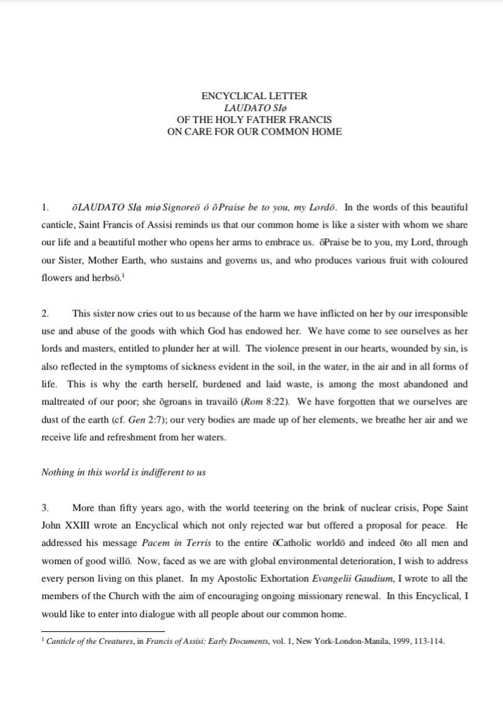 ENCYCLICAL LETTER LAUDATO SI’ OF THE HOLY FATHER FRANCIS ON CARE FOR OUR COMMON HOME