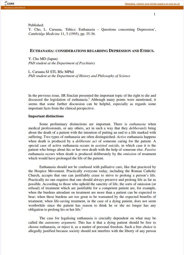 EUTHANASIA: CONSIDERATIONS REGARDING DEPRESSION AND ETHICS.