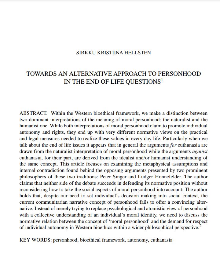 TOWARDS AN ALTERNATIVE APPROACH TO PERSONHOOD IN THE END OF LIFE QUESTIONS